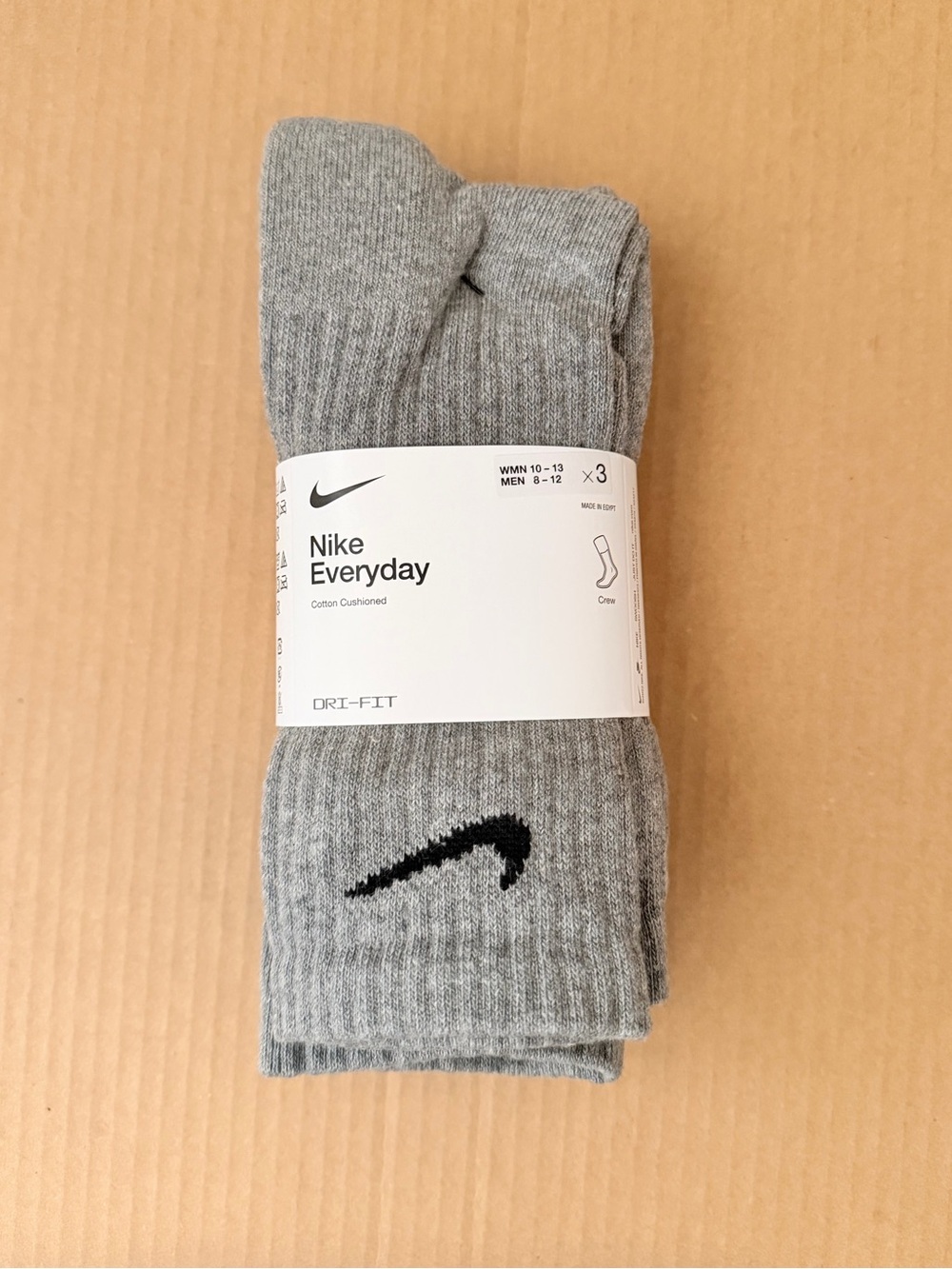 Nike Everyday Cotton Cushioned Dri- Fit Crew Socks 3 Pairs Gray Size L (8-12)